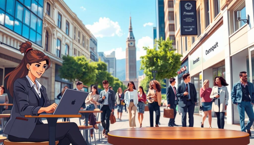 A bustling New Zealand city street scene focused on targeted leads in a business context. In the foreground, a confident professional woman in business attire is working on her laptop at a trendy café, analyzing data on targeted advertising strategies. In the middle ground, a diverse group of professionals in modern outfits engages in conversations, showcasing a collaborative atmosphere. The background features iconic New Zealand architecture and lush greenery, with clear blue skies and bright sunlight to create an inviting mood. The scene is captured from a low angle to emphasize the vibrancy of the street, with soft focus on the distant buildings to enhance depth. The overall feel is dynamic and energetic, reflecting innovation in local lead generation through effective advertising.
