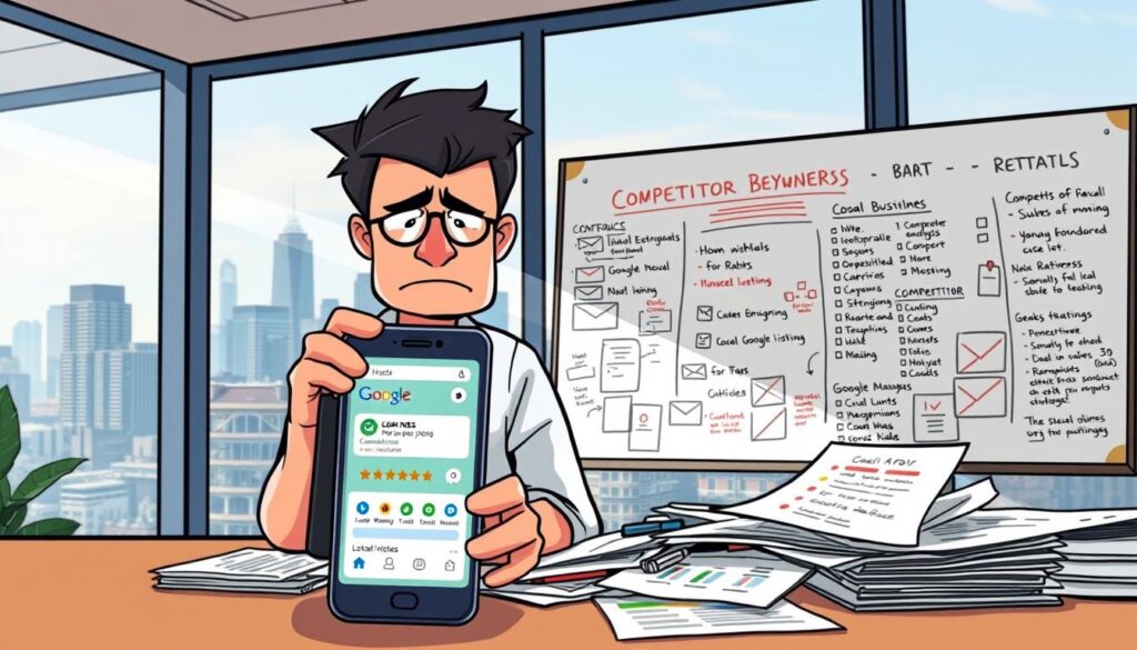 A frustrated small business owner in a modern office setting, looking at a cluttered desk filled with confusing charts, emails, and SEO guidelines, symbolizes common local SEO mistakes. In the foreground, a smartphone displays a Google Maps listing with low ratings. The middle ground features a whiteboard filled with incorrect local keyword strategies and notes on competitor analysis. In the background, a large window shows a vibrant city skyline, symbolizing the competitive environment. Soft, natural lighting streams in, creating an inviting yet tense atmosphere, emphasizing the struggles faced by small businesses. A shallow depth of field ensures focus on the owner’s expression of concern and the chaotic workspace, reflecting the seriousness of local SEO pitfalls in New Zealand.