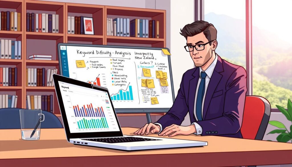 A high-resolution digital illustration depicting a keyword difficulty analysis in a professional setting. In the foreground, a laptop open to a keyword analysis dashboard displaying colorful graphs and metrics. Beside the laptop, a business professional in smart attire, analyzing the data with a focused expression. In the middle, a whiteboard filled with charts, sticky notes, and brainstorming ideas related to low-competition keywords specifically for New Zealand markets. In the background, shelves with business books and a soft-focus window showing a view of a lush, green New Zealand landscape. Soft, natural lighting illuminates the scene, creating a collaborative and innovative atmosphere, with professional vibe and attention to detail. No captions or text overlays.