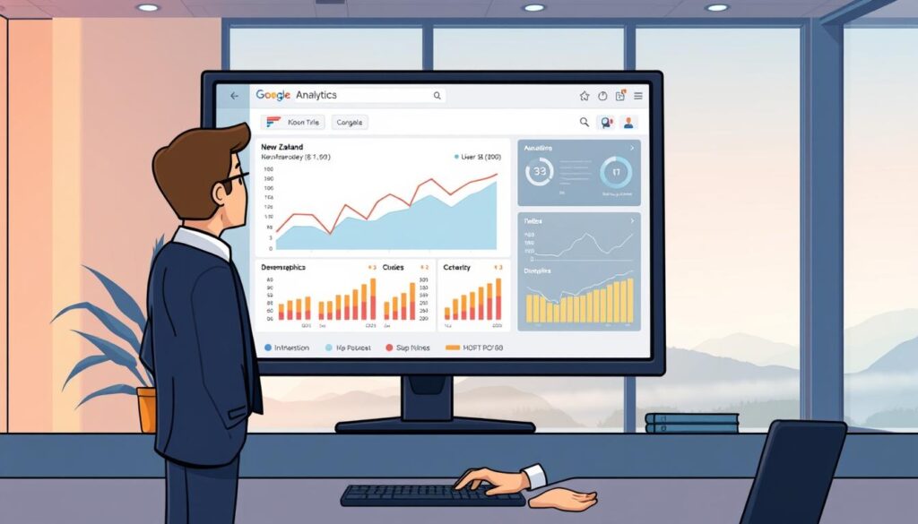 A modern office environment featuring a large computer screen displaying Google Analytics data focused on New Zealand website traffic. In the foreground, a professional individual in smart business attire is analyzing the data with keen interest. The middle ground showcases detailed graphs and charts, illustrating traffic trends, user behavior, and demographics, emphasizing the importance of regular monitoring. The background features soft, ambient lighting that creates a focused atmosphere, with a hint of a New Zealand landscape visible through a window, blending nature with technology. The scene captures the essence of data-driven decision-making, inspiring a sense of productivity and growth in website optimization efforts.