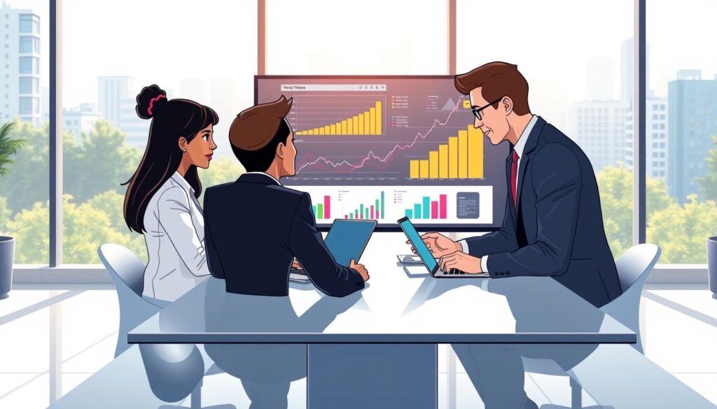 A modern office setting showcasing professionals engaged in a digital marketing strategy meeting. In the foreground, a diverse group of three individuals in smart business attire discussing ideas around a sleek conference table, with laptops and digital tablets open. The middle ground features a large screen displaying colorful graphs and analytics, symbolizing data-driven decision making. In the background, large windows reveal a bright North Shore cityscape, filled with greenery and modern buildings, under soft, natural daylight. The atmosphere is collaborative and focused, conveying a sense of innovation and partnership in the digital marketing landscape. The image is captured from a slightly elevated angle, creating depth and perspective.