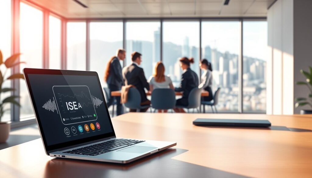 A modern, sleek office workspace highlighting voice search optimization concepts. In the foreground, an elegant laptop displays a digital interface with voice command features, surrounded by audio wave graphics. In the middle ground, a diverse group of professionals in business attire collaborates around a table, engaged in discussion. The background features a large window with a cityscape of New Zealand visible, suggesting a high-tech environment. Soft, natural light filters through the window, casting gentle shadows, creating a vibrant, optimistic atmosphere. The mood conveys innovation and collaboration, emphasizing forward-thinking strategies in digital marketing. Use a shallow depth of field to focus on the foreground while softly blurring the cityscape.