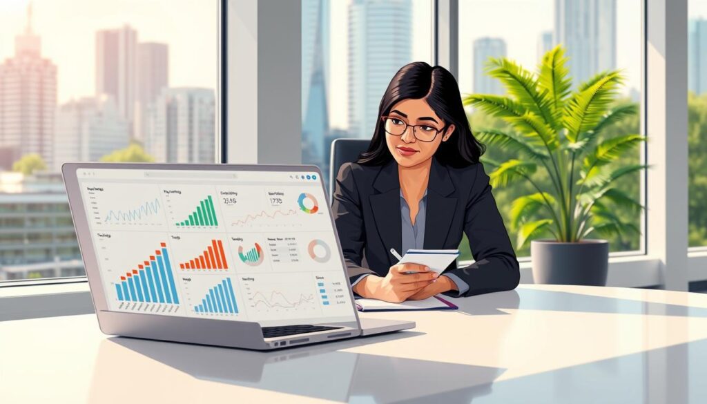 A professional SEO consultant sits at a sleek, modern desk in a bright office, analyzing a series of charts and graphs on a laptop. In the foreground, a close-up of the laptop screen displays intricate data visualizations showing keyword rankings and traffic growth. In the middle ground, the consultant, a South Asian woman in professional business attire, is focused and taking notes on a notepad. She exudes concentration and expertise. In the background, large windows reveal a bustling Auckland skyline, with greenery emphasizing the growth aspect of SEO. Soft, natural light floods the room, creating an upbeat and motivated atmosphere. The image captures the essence of evaluating track records in SEO success with a clear, professional tone.
