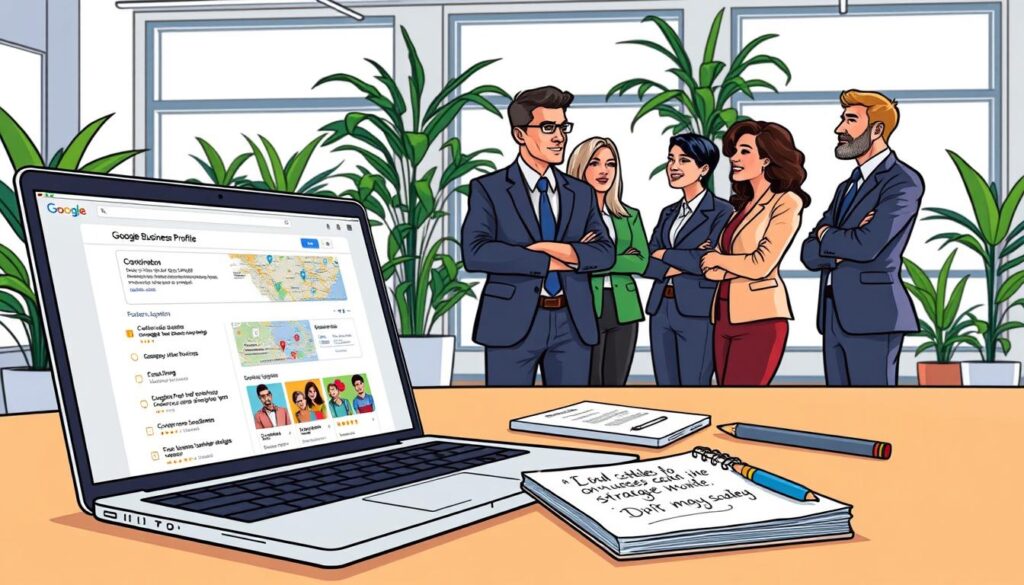 A professional workspace focused on "Google Business Profile Optimization" as a key strategy for local SEO growth. In the foreground, a laptop open to a Google Business Profile interface, showcasing vibrant visuals like maps and customer reviews. Beside it, a notepad with scribbled optimization strategies. In the middle ground, a diverse group of small business owners, dressed in smart business attire, discussing strategies with enthusiasm. In the background, an office setting with plants, large windows letting in bright natural light, creating an inviting atmosphere. The scene exudes a sense of collaboration and focus, captured with a slightly elevated angle to emphasize the discussion and tools while maintaining a warm, professional vibe.