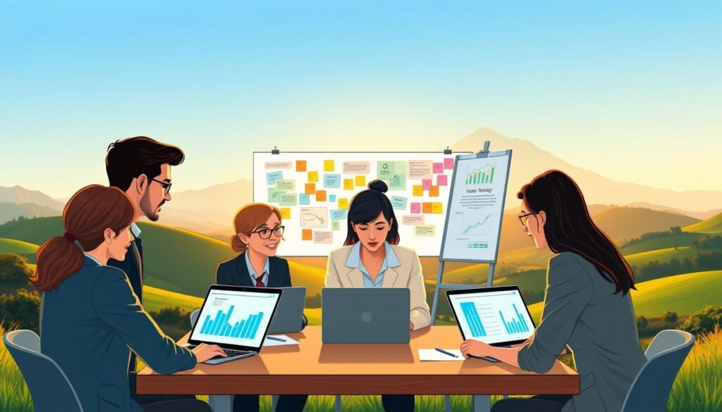 A serene landscape of New Zealand's rolling hills and lush greenery, bathed in soft, golden sunrise light. In the foreground, a diverse group of individuals in professional business attire, seated around a table, analyzing charts and graphs displayed on laptops. They exhibit engagement and collaboration, reflecting a dynamic discussion about content strategy. The middle ground features a whiteboard filled with colorful sticky notes and diagrams, emphasizing ideas around creating resonant content. In the background, iconic New Zealand mountains rise gently under a clear blue sky, enhancing the sense of place. The atmosphere is inspiring and focused, inviting a sense of innovation and discovery in the quest for effective content creation tailored for Kiwi audiences.