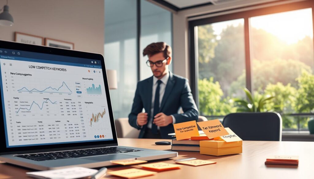 A serene office environment showcasing a digital workspace with a focus on "low-competition keywords." In the foreground, a laptop displays graphs and keyword analysis tools, while sticky notes with keyword suggestions are scattered around. In the middle, a professional figure in business attire is intently analyzing the screen, highlighting a collaborative atmosphere. The background features a large window with a view of New Zealand's lush greenery, soft sunlight filtering through, creating a calm and productive mood. The scene is illuminated by natural light, giving a warm and inviting ambiance. The angle captures the detail of the workspace while ensuring the professional's focus remains the focal point of the image.