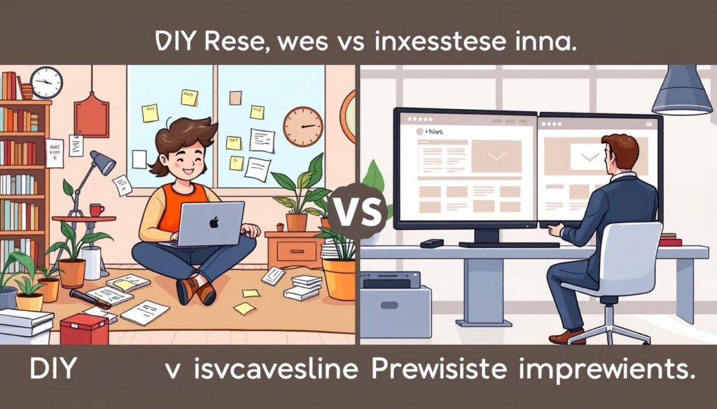 A split-screen image illustrating "DIY vs Professional Website Improvements." On the left, a cozy home office setup with a person in casual attire working on a laptop, surrounded by post-it notes and design sketches, conveying a hands-on, creative atmosphere. On the right, a sleek, modern office environment with a professional in business attire reviewing website designs on a large monitor, showcasing a clean, polished aesthetic. The background should feature elements typical of each setting; books, tools, and plants for the DIY side, and high-tech equipment or branding materials for the professional side. Soft, natural lighting enhances the DIY space, while bright, focused lighting highlights the professionalism of the corporate environment. The overall mood contrasts the warmth of personal creativity with the crispness of professional execution.