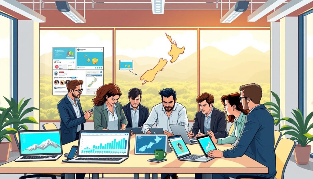A vibrant and modern workspace showcasing social media marketing for New Zealand businesses. In the foreground, a diverse group of professionals in smart casual attire collaborate around a table with laptops and tablets displaying social media analytics. The middle background features large screens highlighting engaging social media graphics and posts, with a colorful map of New Zealand illustrating the target market. In the background, large windows reveal a sunny, lush New Zealand landscape. The lighting is bright and inviting, creating a dynamic atmosphere. The perspective is slightly angled to capture both the work environment and the outdoor scenery, emphasizing innovation and local connection. The overall mood is energetic, focused, and collaborative, reflecting the spirit of modern marketing strategies.
