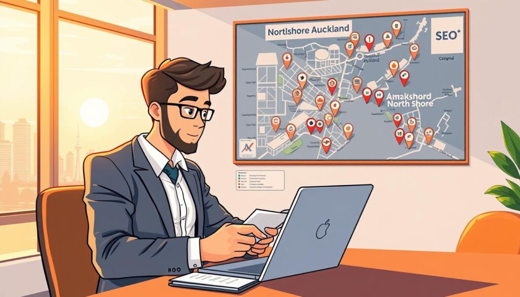 A vibrant and professional digital marketing scene depicting a local SEO strategist at work in a modern office setting on Auckland's North Shore. In the foreground, a focused individual, dressed in professional business attire, is analyzing website metrics on a laptop while taking notes on a notepad. The middle layer features a large wall map of North Shore Auckland with markers indicating local businesses and neighborhoods, symbolizing targeted local content strategy. In the background, a window reveals a scenic view of Auckland's skyline and the harbor, bathed in warm, natural light from a late afternoon sun, creating a productive and inspiring atmosphere. The composition should evoke a sense of professionalism and locality, emphasizing the importance of location-specific content in SEO.