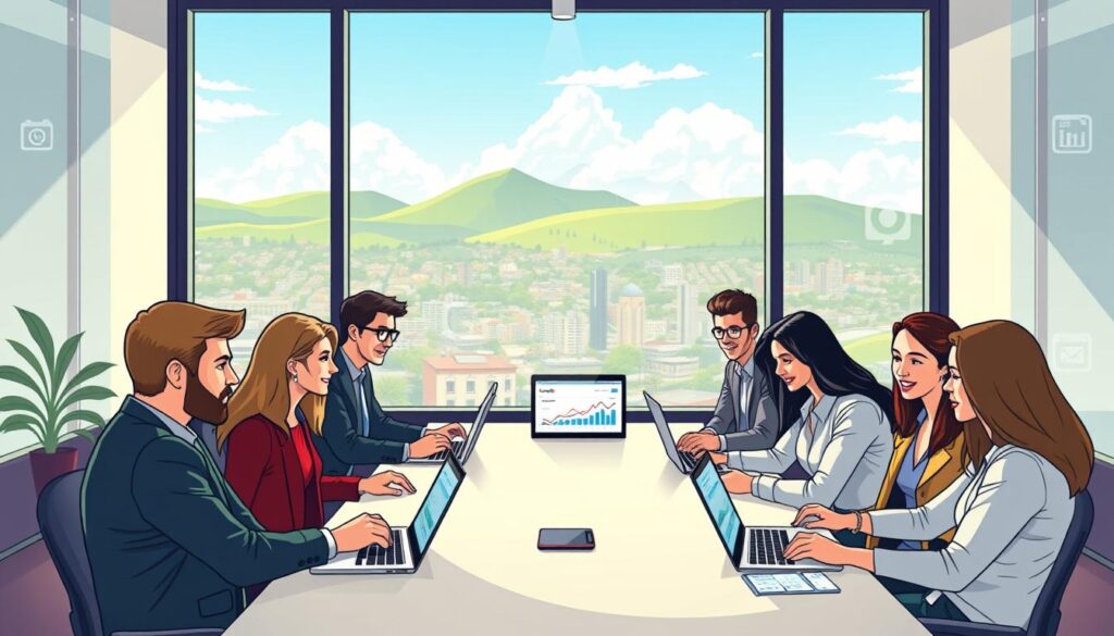 A vibrant and professional workspace highlighting Google Business Optimisation in New Zealand. In the foreground, a diverse group of professionals in business attire collaborates around a modern conference table, with laptops and digital devices open, displaying Google business analytics. In the middle, through large windows, a panoramic view of a lively New Zealand cityscape with green hills and blue skies. Soft, natural lighting floods the room, creating an inviting atmosphere. In the background, subtle graphics of digital marketing icons are faintly visible on the glass walls, symbolizing integration with a digital marketing strategy. The overall mood is dynamic and focused, reflecting innovation and collaboration in enhancing business visibility.