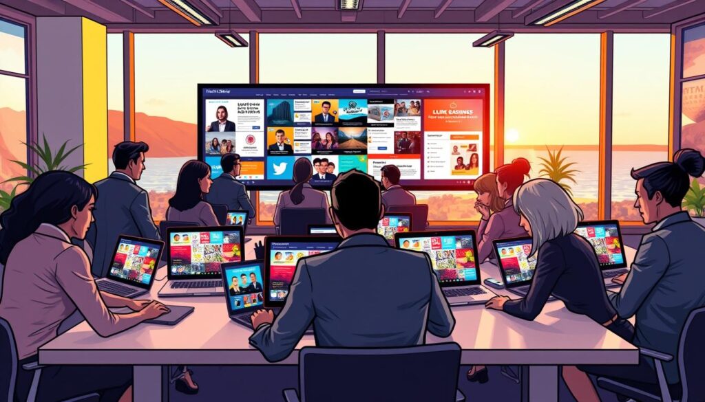 A vibrant digital marketing workspace showcasing effective online advertising strategies for local businesses on the North Shore. In the foreground, a diverse group of professionals, dressed in smart business attire, collaborate at a sleek, modern desk filled with laptops displaying colorful and engaging digital ads. In the middle ground, a large screen showcases an array of targeted online campaign visuals, including social media posts and website banners. The background features a bright, airy office environment with windows revealing a scenic view of the North Shore coastline, bathed in warm, natural light. The overall mood is dynamic and inspiring, highlighting innovation and collaboration in digital marketing. The perspective is a slightly elevated angle, giving a comprehensive view of the workspace and team interaction, emphasizing the local business focus.