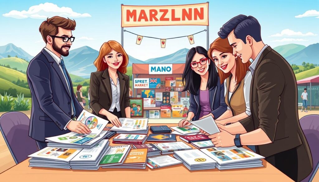 A vibrant scene depicting various offline marketing strategies effective in New Zealand. In the foreground, a diverse group of four professionals in business attire are brainstorming over a table filled with brochures, flyers, and community event materials. In the middle ground, a well-organized local market stall showcases eye-catching banners and promotional displays, capturing the lively essence of community engagement. The background features picturesque New Zealand landscapes, such as rolling hills and a clear blue sky, adding a touch of natural beauty. Soft, natural lighting enhances the warm and inviting atmosphere. The image should be captured from a slightly elevated angle to provide an overview, showcasing both the individuals and the marketing elements. Focus on clarity and detail to convey the theme of effective offline marketing strategies.