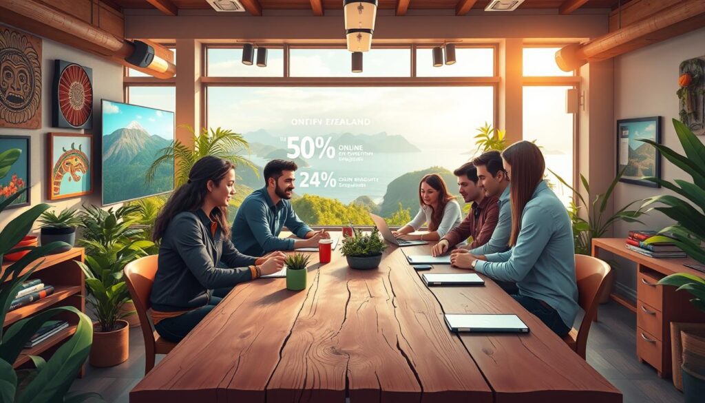 A vibrant workspace showcasing New Zealand's cultural nuances in content creation. In the foreground, a diverse group of professionals in smart casual attire collaborates around a rustic wooden table, surrounded by Māori art and native flora. The middle ground features a large digital screen displaying engaging visuals and statistics about online engagement, emphasizing a blend of traditional and modern elements. In the background, a panoramic view of New Zealand's stunning landscapes, with lush hills and the ocean, adds depth and context. The lighting is bright and inspirational, with soft natural light streaming in through a large window, creating an inviting atmosphere. The overall mood is creative and collaborative, reflecting the essence of content creation that resonates deeply with Kiwi audiences.