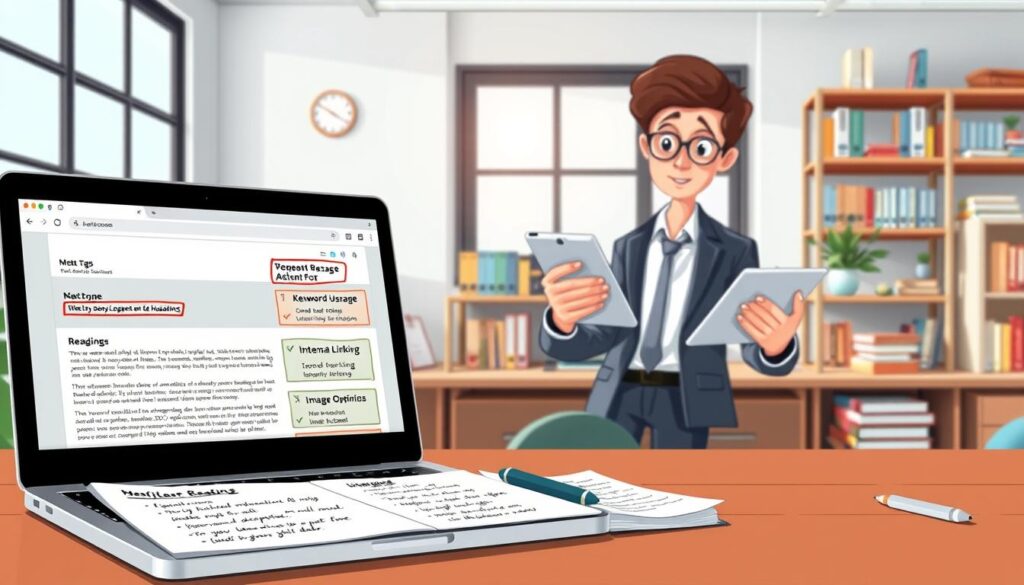 A visually engaging digital workspace showcasing various on-page SEO elements. In the foreground, a stylish laptop displays a well-organized website layout with highlighted meta tags like title, description, and headings. Beside it, a notepad with neatly written notes on keyword usage, internal linking, and image optimization. In the middle ground, a professional individual dressed in business casual attire analyzes performance metrics on a tablet, exuding focus and determination. The background features a bright and modern office environment with shelves filled with SEO-related books and a large window letting in soft, natural light. The overall atmosphere conveys a sense of motivation and professionalism, ideal for generating SEO strategies from day one.
