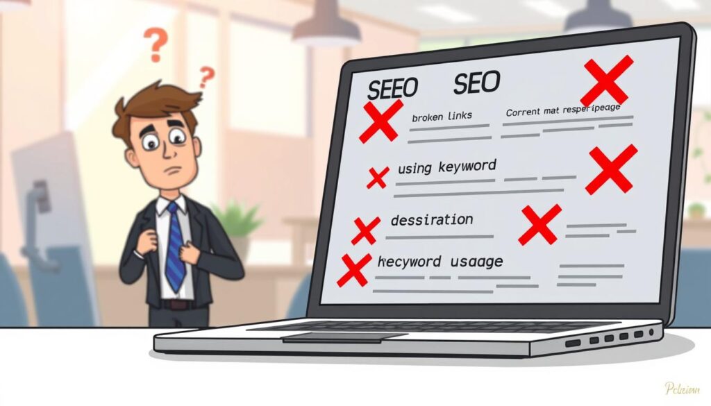 A visually engaging illustration depicting common SEO mistakes made by home service businesses in New Zealand. In the foreground, a laptop screen displays various SEO elements like broken links, incorrect keyword usage, and missing meta descriptions, highlighted with red crosses. In the middle ground, a professional-looking individual in business attire, possibly a marketer or business owner, looks puzzled while analyzing the screen. The background features a blurred office setting, emphasizing a digital marketing vibe, with soft natural lighting coming through a window. The overall mood is one of contemplation and realization, as if the viewer is gaining insight into the pitfalls of SEO strategies.