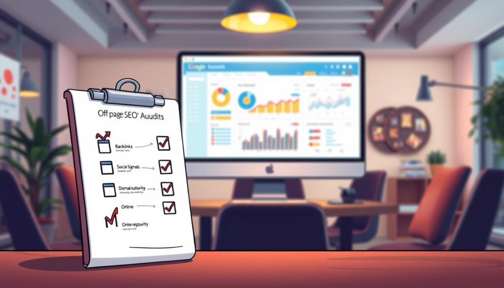 A visually engaging infographic depicting "Off-Page SEO Audit Factors." In the foreground, include a stylized checklist with icons, representing key elements such as backlinks, social signals, domain authority, and online reputation. The middle ground should feature a computer screen displaying a vibrant analytics dashboard, highlighting graphs and data metrics related to SEO performance. The background should be a blurred office environment with soft lighting, creating a professional atmosphere. An overhead light adds a warm glow to the scene, enhancing focus on the checklist and screen. The mood should be informative yet dynamic, inviting the viewer to explore the intricacies of off-page SEO.