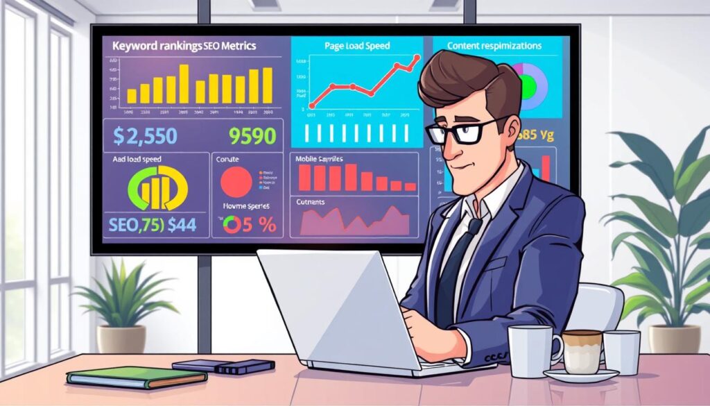 A visually engaging representation of on-page SEO metrics, featuring a modern office setting as the background. In the foreground, a large digital screen displays various SEO metrics like keyword rankings, page load speed, mobile responsiveness, and content optimization scores, illustrated with colorful graphs and charts. In the middle of the image, a professional individual in business attire intently analyzes the data on a laptop, surrounded by SEO-related tools like a notepad, smartphone, and coffee cup. The overall lighting is bright and inviting, with a focus on the digital screen, casting a subtle glow. The mood is focused and analytical, capturing the essence of measuring SEO success in a professional environment, emphasizing clarity and data-driven decisions.