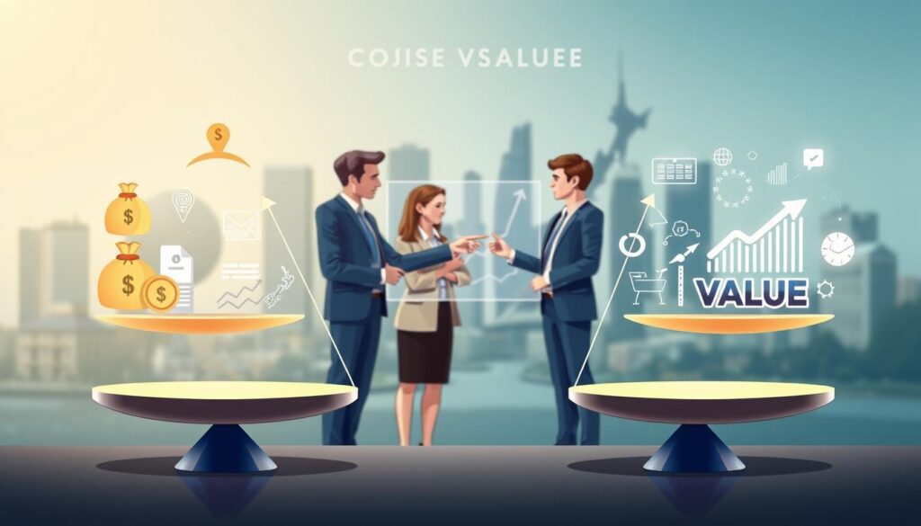 A visually striking infographic illustrating the concept of "SEO Services Cost vs Value." In the foreground, depict two scales balanced against each other, one side representing costs with symbols like money bags and invoices, while the other side displays value with icons such as upward arrows, websites, and satisfied clients. In the middle ground, include a diverse group of professionals dressed in business attire, deep in discussion, pointing at a digital display showcasing SEO metrics. The background features an abstract city skyline of New Zealand, suggesting growth and opportunity. Soft, ambient lighting highlights the interaction, and a shallow depth of field adds focus to the scales and professionals, creating a polished and professional atmosphere suitable for a business article.