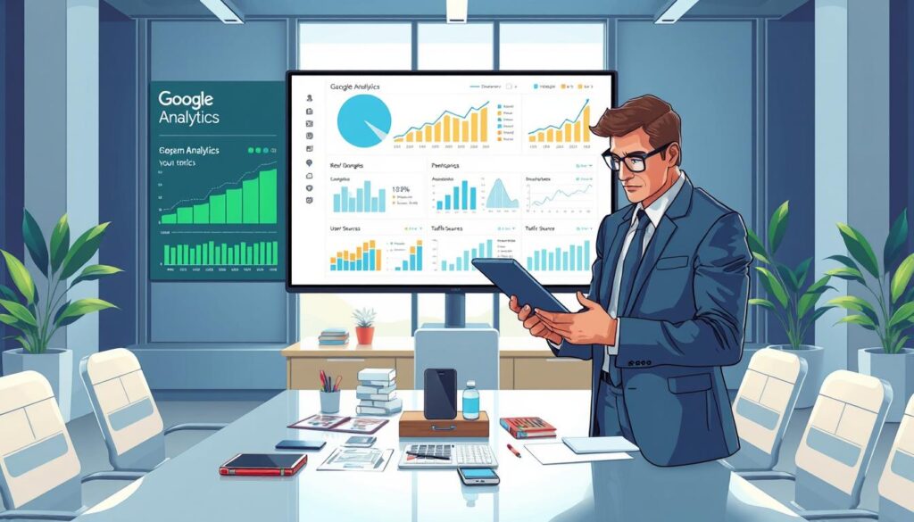 A visually striking, modern office workspace showcasing a large digital screen displaying Google Analytics metrics, such as real-time data graphs, user demographics, and traffic sources. In the foreground, a focused professional in business attire, analyzing the metrics on a tablet, embodies determination and insight. The middle ground features a well-organized desk with charts, smartphones, and notes, emphasizing productivity. In the background, large windows let in soft, natural light, creating a bright and optimistic atmosphere. The color palette consists of blues, greens, and whites, symbolizing clarity and growth. The camera angle is slightly elevated, providing an expansive view that captures the dynamic environment of digital marketing success.