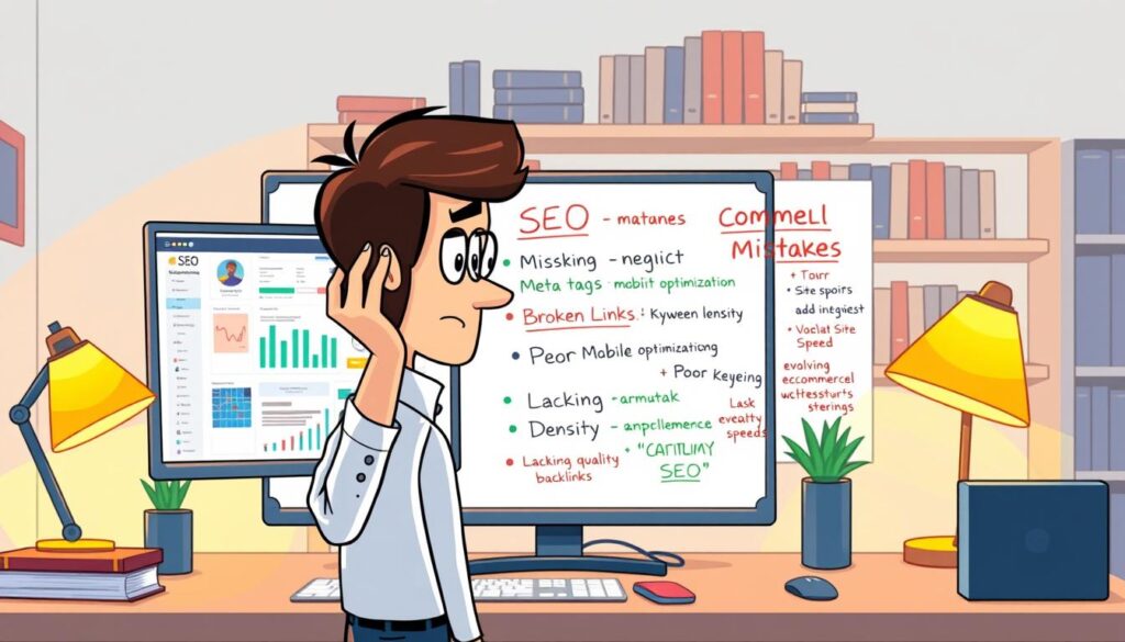 A well-lit workspace showcasing a digital marketing setup with a computer displaying a cluttered website analytics dashboard. In the foreground, a professional-looking person in smart casual attire, scratching their head in frustration while reviewing SEO reports and highlighted mistakes, like missing meta tags, broken links, and low keyword density. In the middle, a whiteboard filled with colorful notes outlining common ecommerce SEO mistakes like neglecting mobile optimization, poor site speed, and lacking quality backlinks. The background features shelves with books on SEO strategies and successful ecommerce stories, creating an atmosphere of an evolving learning environment, illuminated with warm desk lamp lighting, conveying a mood of determination and introspection.